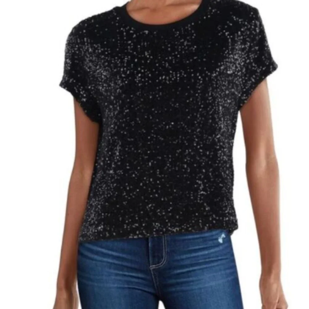 Elliot Lauren Black Sequin Short Sleeve Top Women's Size Medium - Picture 3 of 11